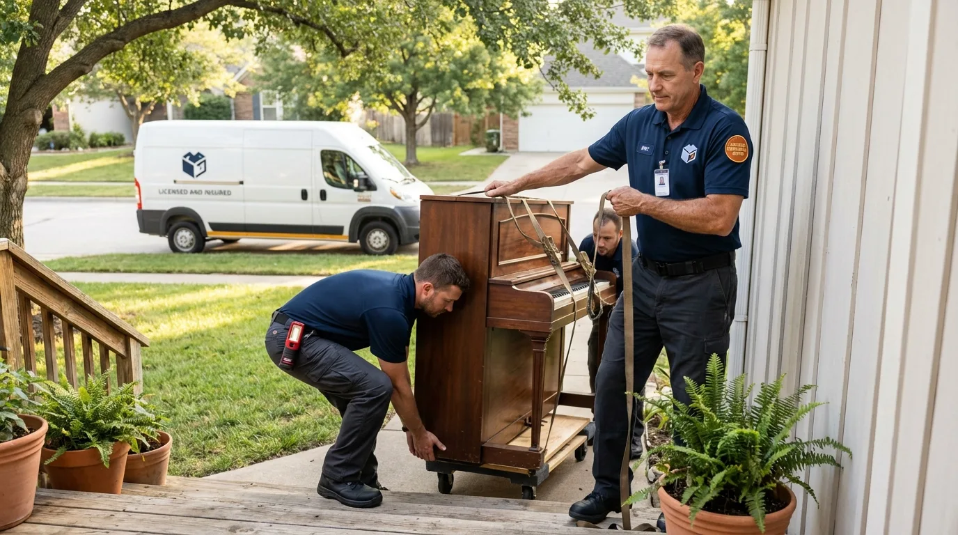 Licensed piano movers securing grand piano in Western Springs, IL