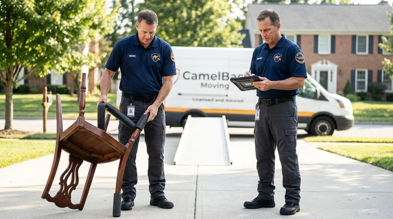 Movers inspecting furniture for damage prevention before loading in Western Springs, IL