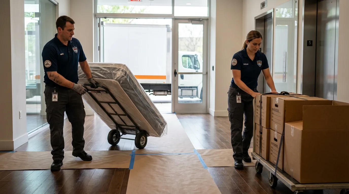 Professional apartment movers loading elevator in Western Springs, IL